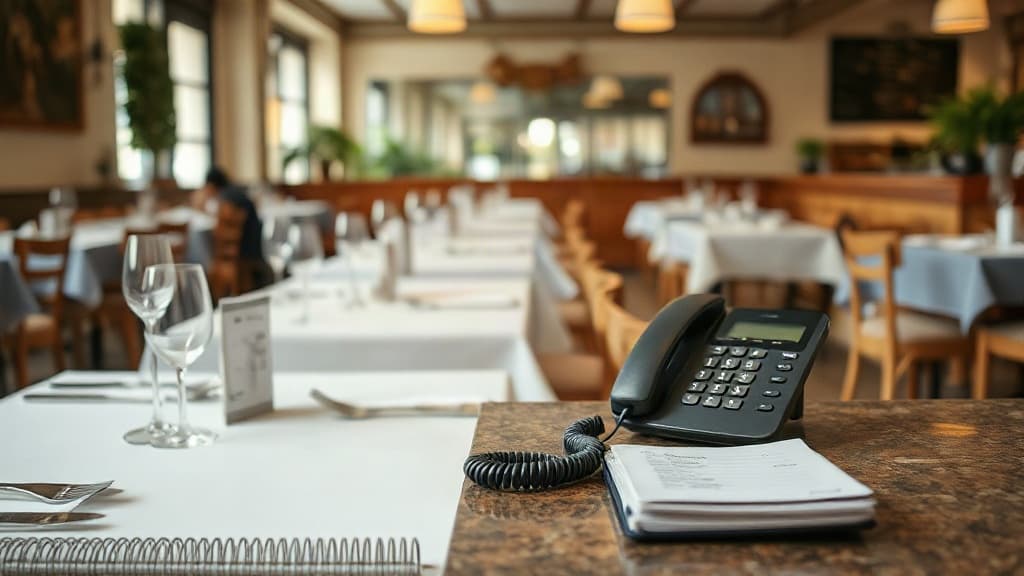 Barra de un restaurante con el cuaderno de reservas y el teléfono antes del servicio.
