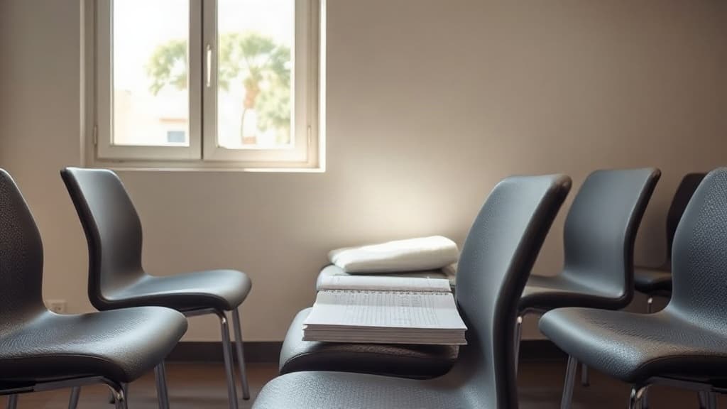Sala de espera de una clínica con la agenda abierta sobre el mostrador.